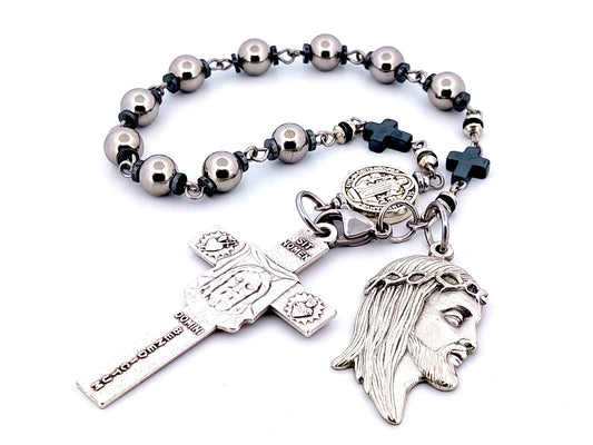 Holy Face of Jesus unique rosary beads stainless steel and hematite single decade rosary with Holy face crucifix and medal.