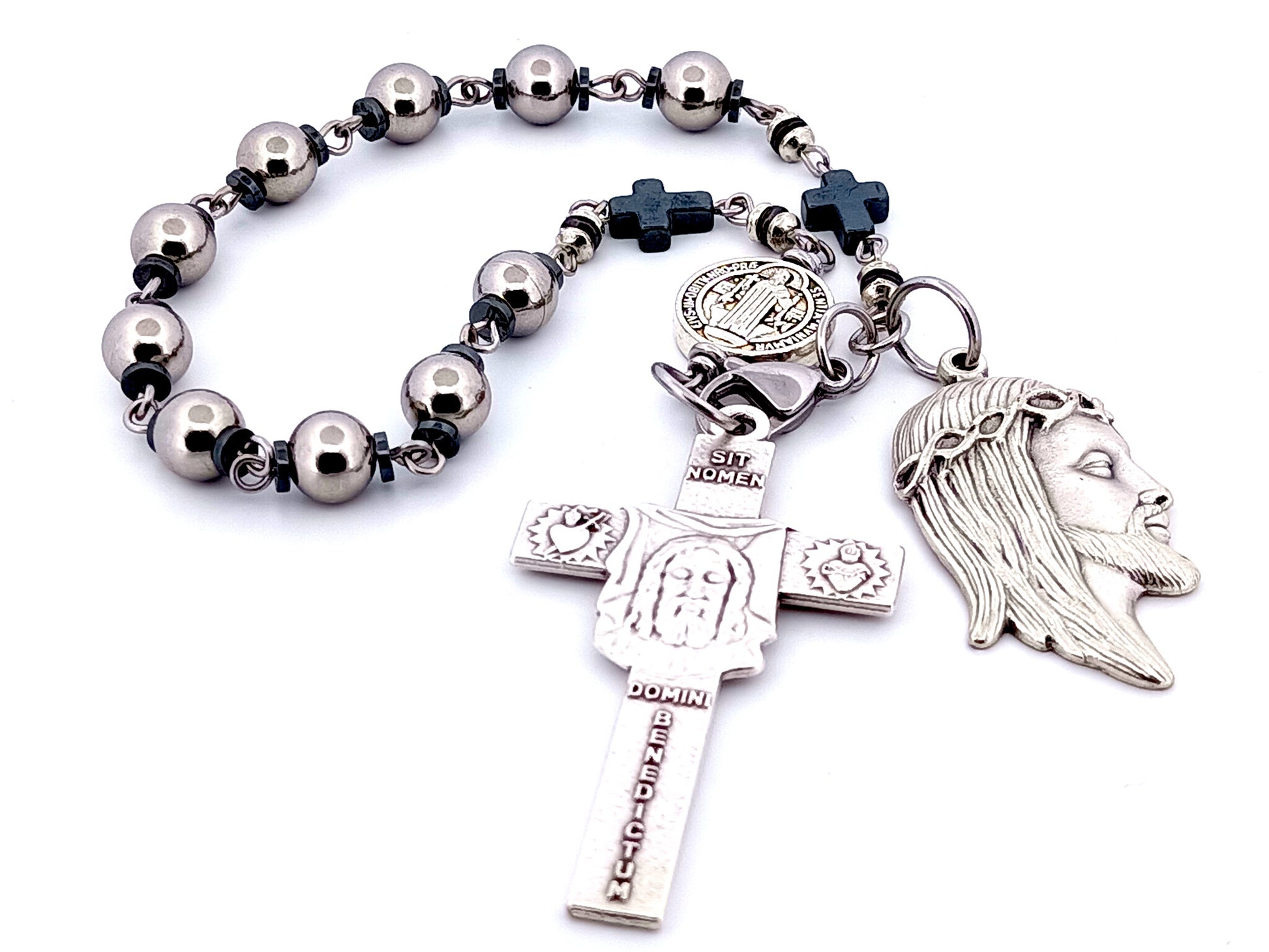 Holy Face of Jesus unique rosary beads stainless steel and hematite single decade rosary with Holy face crucifix and medal.