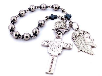 Holy Face of Jesus unique rosary beads stainless steel and hematite single decade rosary with Holy face crucifix and medal.