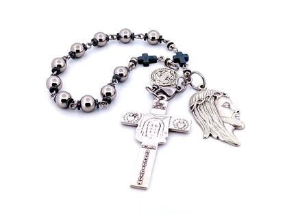 Holy Face of Jesus unique rosary beads stainless steel and hematite single decade rosary with Holy face crucifix and medal.