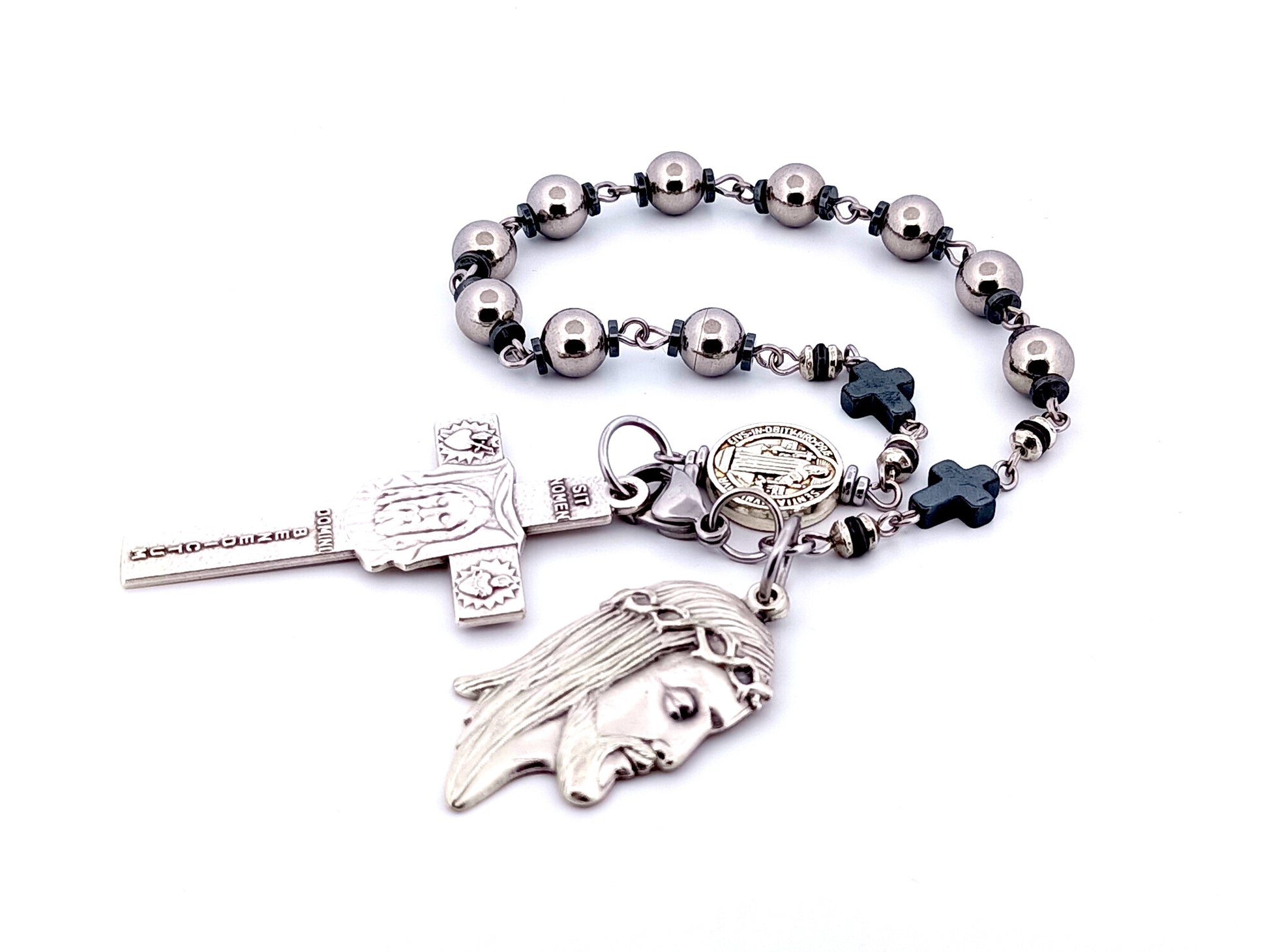 Holy Face of Jesus unique rosary beads stainless steel and hematite single decade rosary with Holy face crucifix and medal.