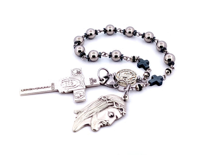 Holy Face of Jesus unique rosary beads stainless steel and hematite single decade rosary with Holy face crucifix and medal.