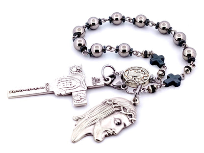 Holy Face of Jesus unique rosary beads stainless steel and hematite single decade rosary with Holy face crucifix and medal.