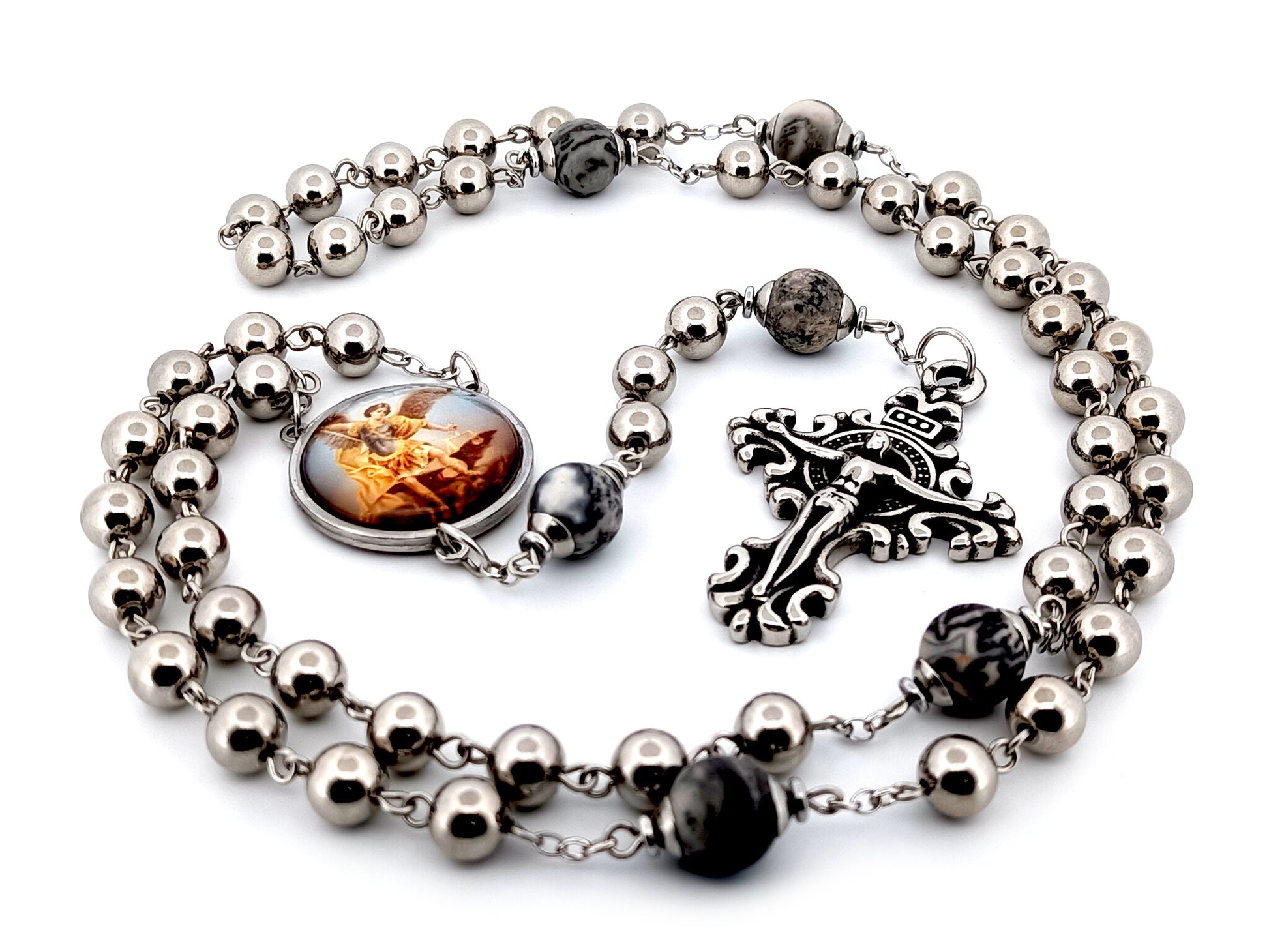 Saint Michael the Archangel stainless steel and larvikite gemstone unique rosary beads with stainless steel filigree crucifix.