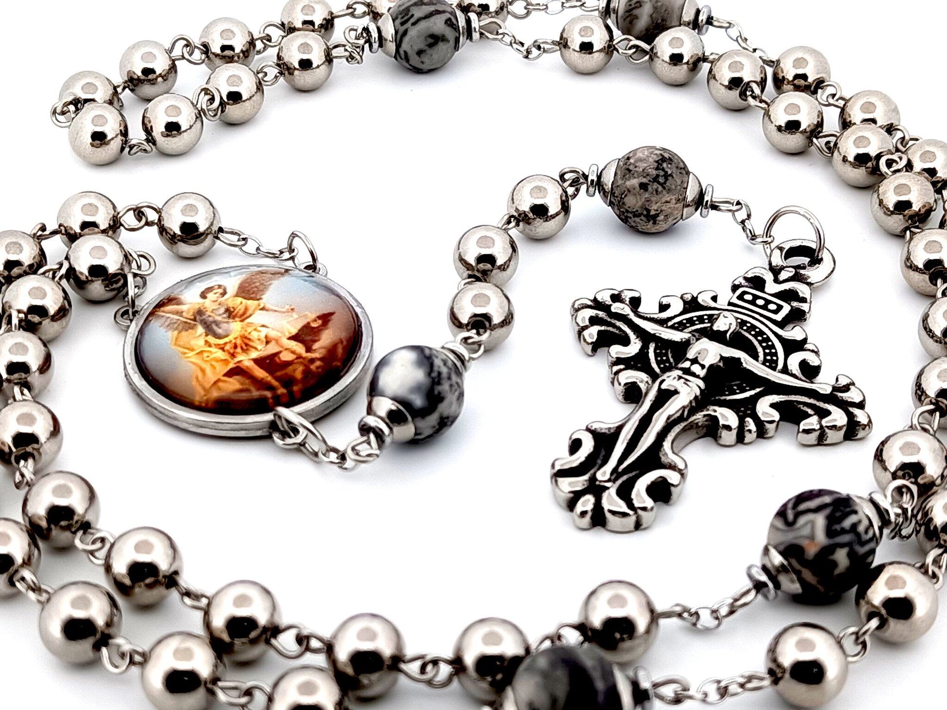 Saint Michael the Archangel stainless steel and larvikite gemstone unique rosary beads with stainless steel filigree crucifix.