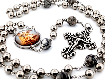 Saint Michael the Archangel stainless steel and larvikite gemstone unique rosary beads with stainless steel filigree crucifix.