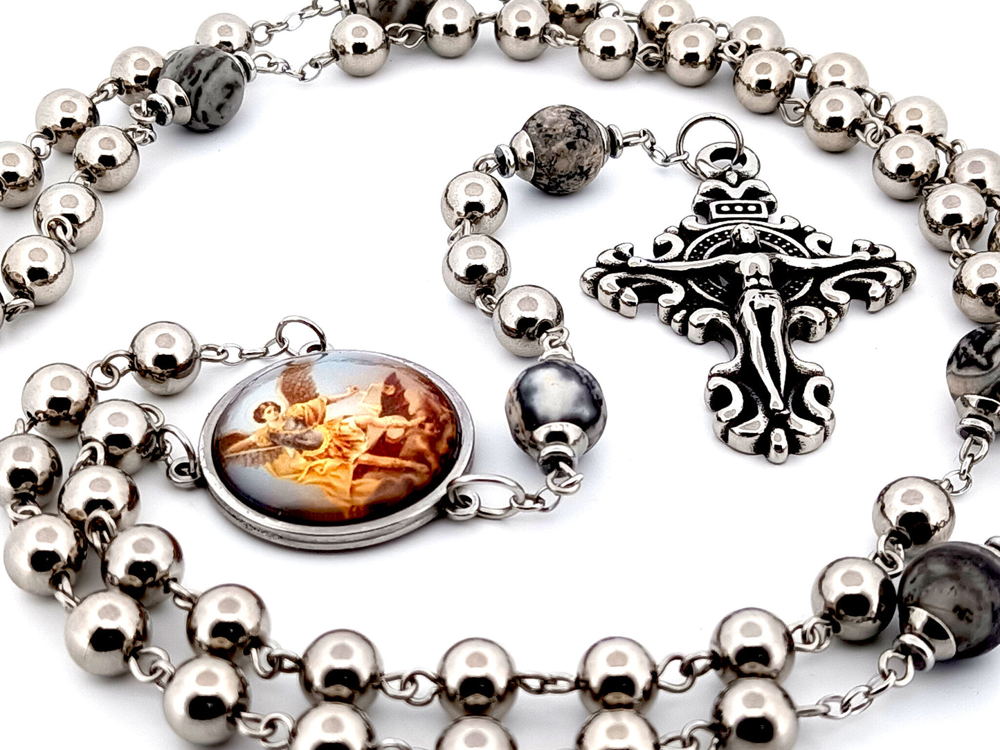 Saint Michael the Archangel stainless steel and larvikite gemstone unique rosary beads with stainless steel filigree crucifix.
