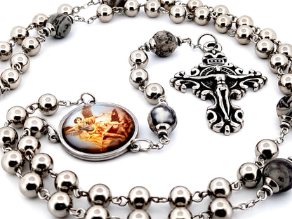 Saint Michael the Archangel stainless steel and larvikite gemstone unique rosary beads with stainless steel filigree crucifix.