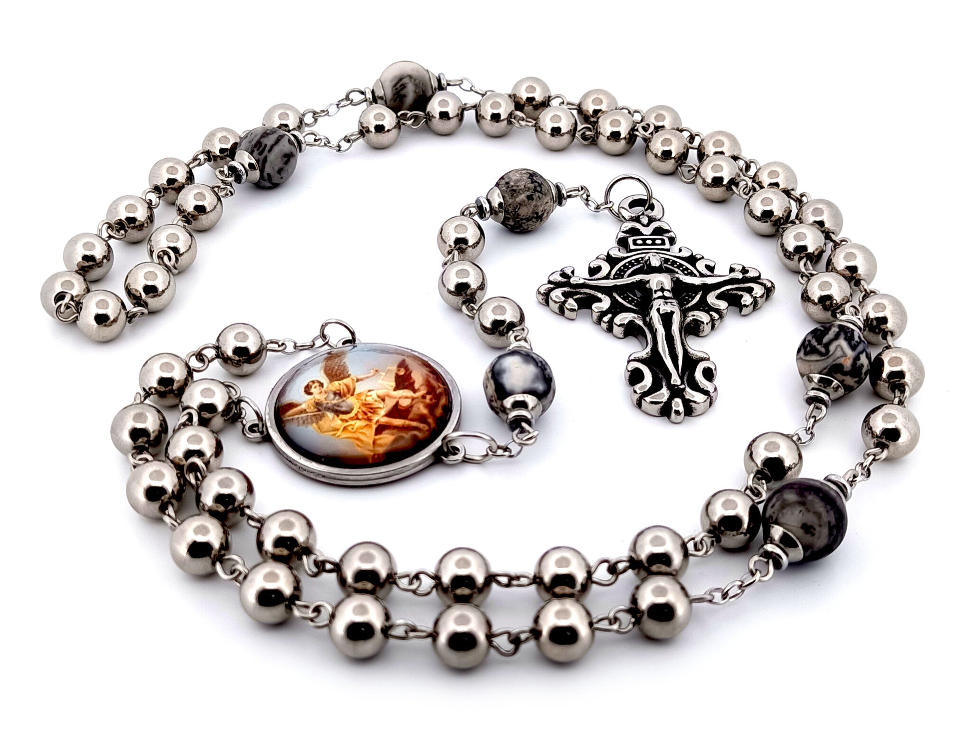 Saint Michael the Archangel stainless steel and larvikite gemstone unique rosary beads with stainless steel filigree crucifix.