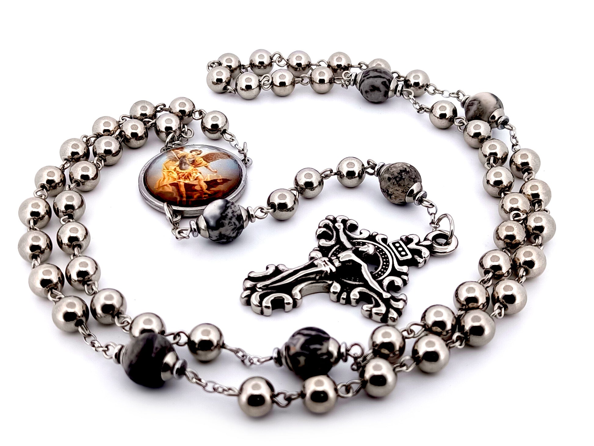 Saint Michael the Archangel stainless steel and larvikite gemstone unique rosary beads with stainless steel filigree crucifix.