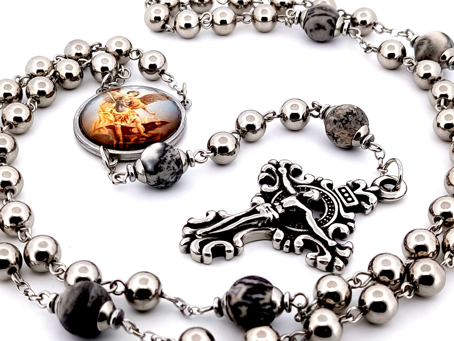 Saint Michael the Archangel stainless steel and larvikite gemstone unique rosary beads with stainless steel filigree crucifix.