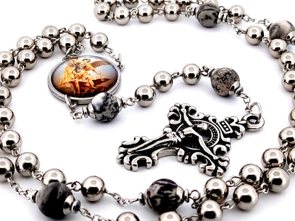 Saint Michael the Archangel stainless steel and larvikite gemstone unique rosary beads with stainless steel filigree crucifix.
