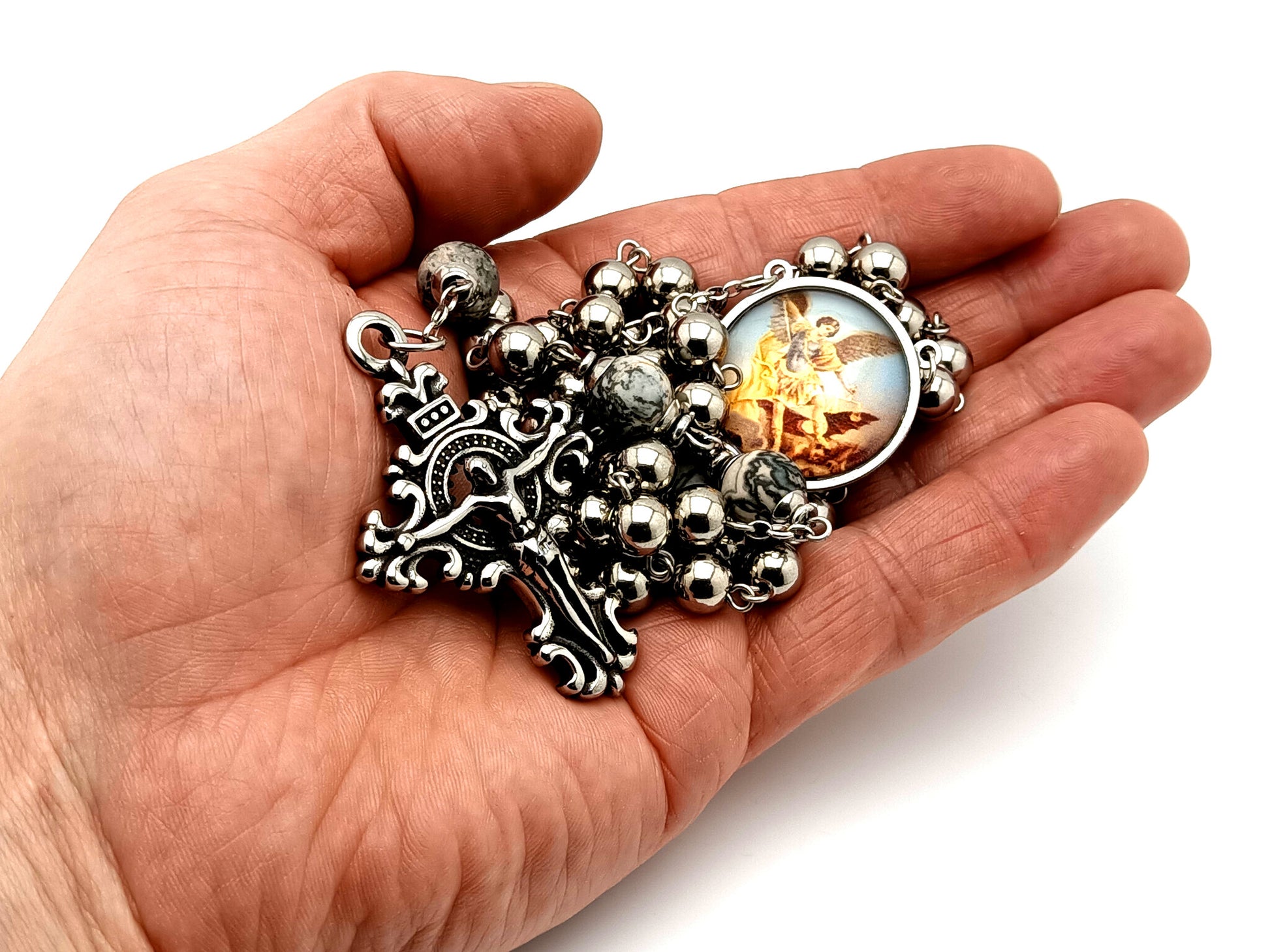Saint Michael the Archangel stainless steel and larvikite gemstone unique rosary beads with stainless steel filigree crucifix.