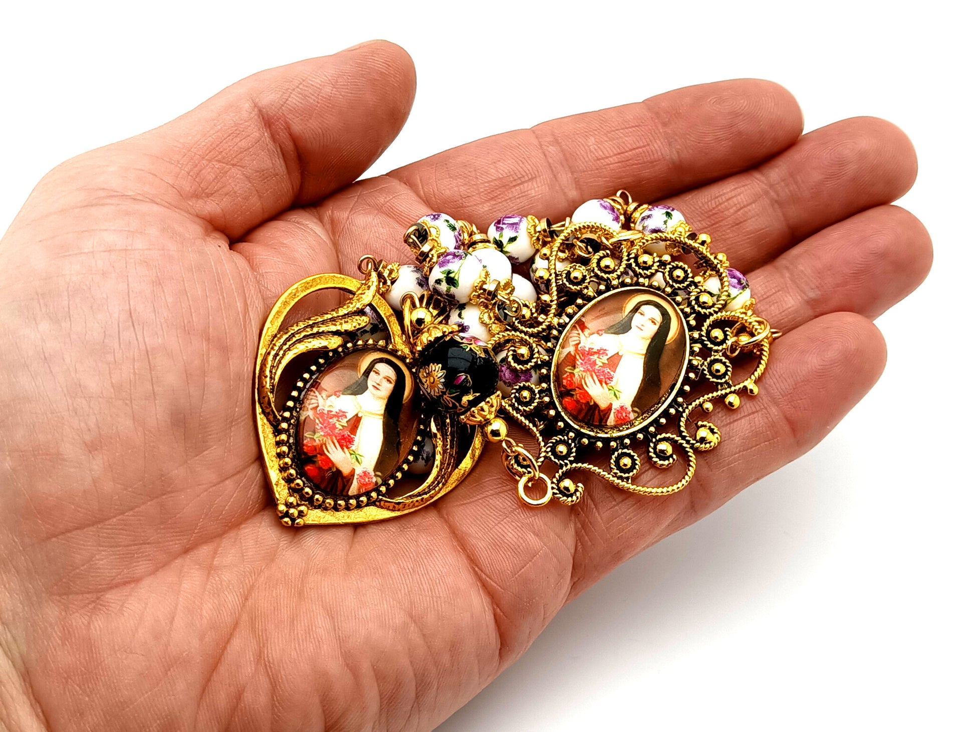 Saint Therese unique rosary beads porcelain and glass prayer chaplet with large gold plates picture medals.