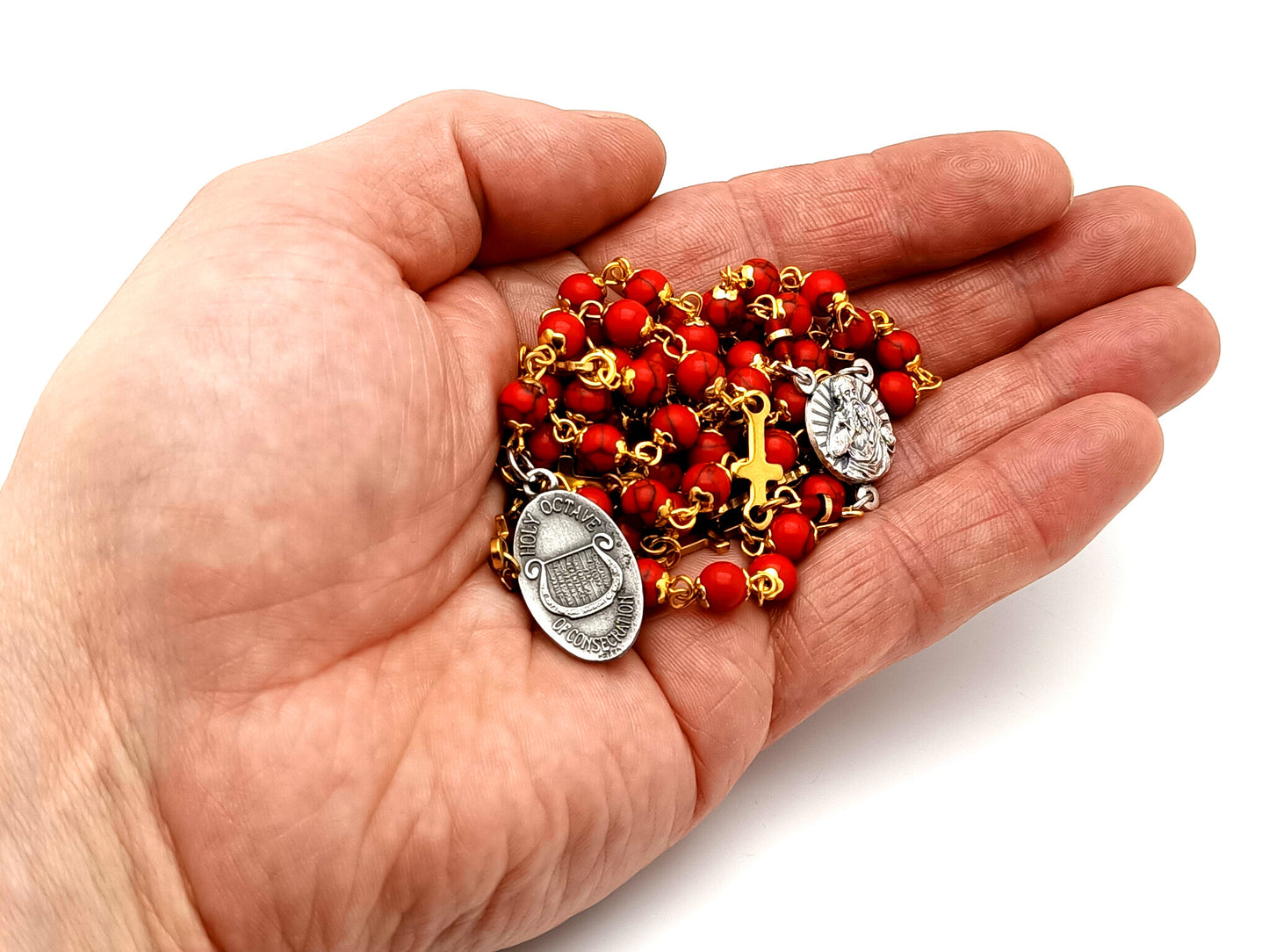 God the Father unique rosary beads gemstone prayer chaplet with Holy Octave of Consecration medal and gold crosses.