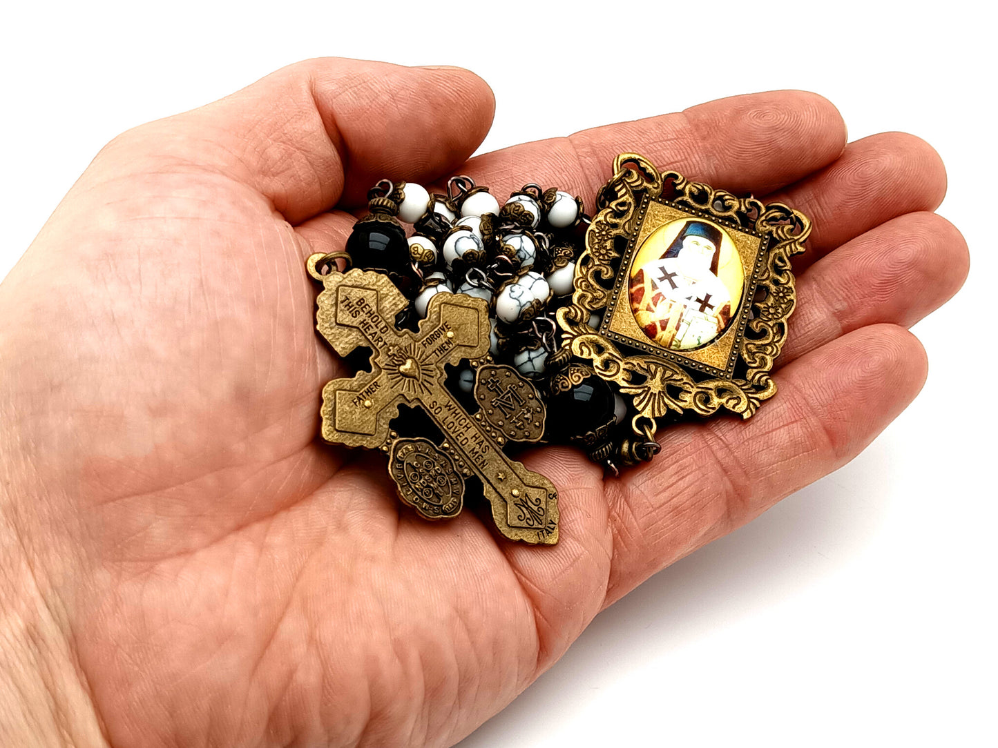 Saint Athanasius howlite and onyx gemstone unique rosary beads with bronze double Pardon crucifix.