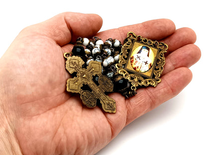Saint Athanasius howlite and onyx gemstone unique rosary beads with bronze double Pardon crucifix.