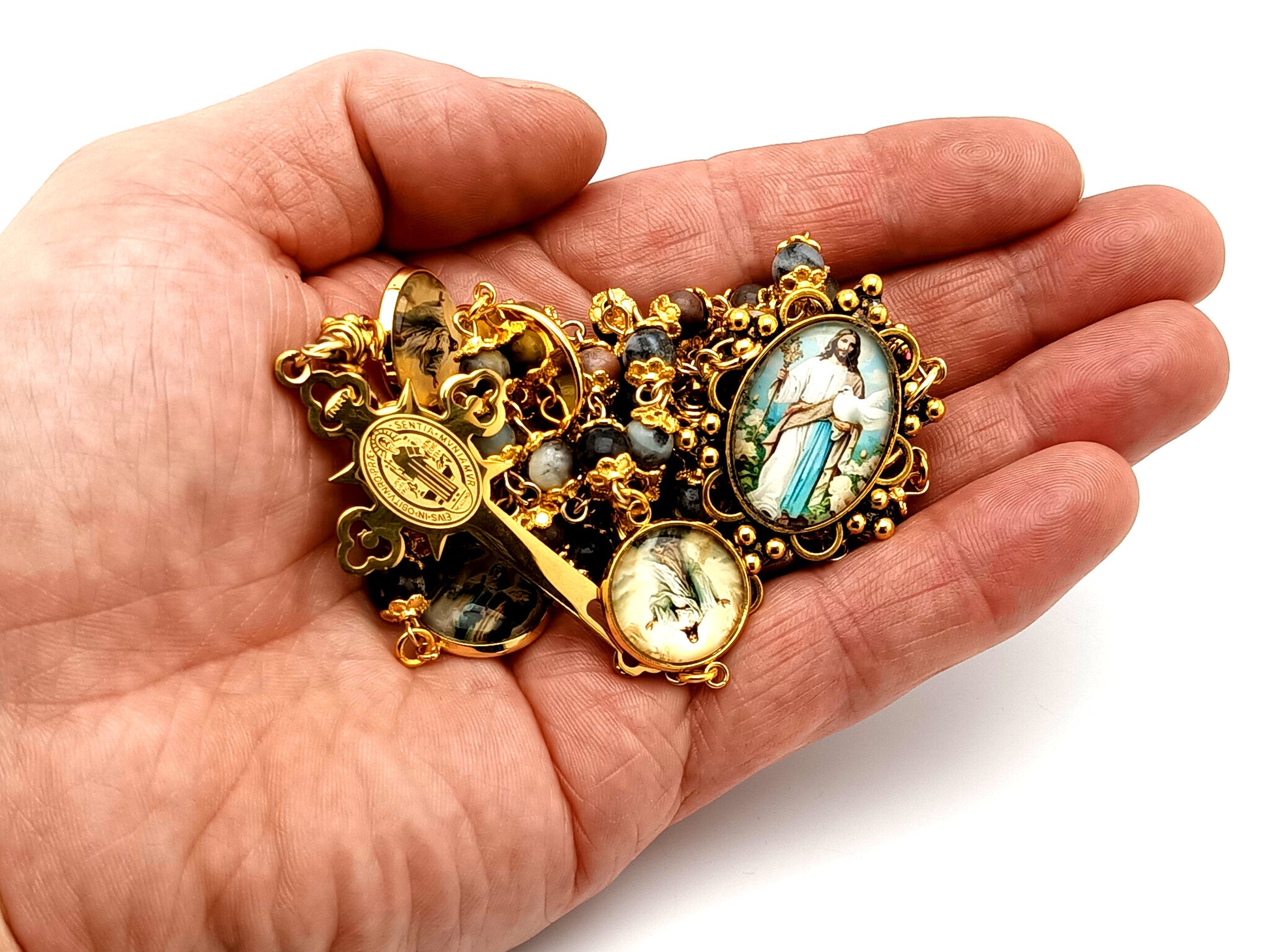 The Good Shepherd unique rosary beads Indian agate gemstone rosary with gold plated Saint Benedict crucifix.