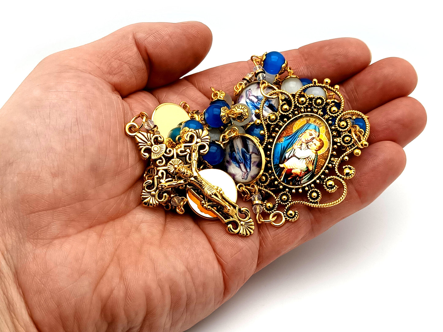 Our Lady of Perpetual Help unique rosary beads blue and opal glass rosary with gold plated filigree crucifix.
