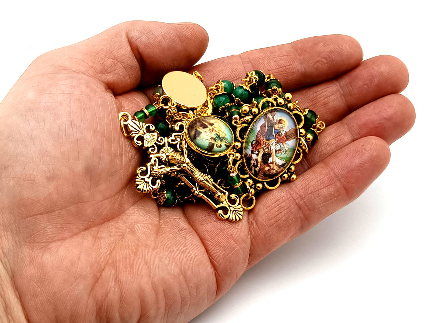Saint Michael the Archangel green agate gemstone unique rosary beads with gold plated filigree crucifix.