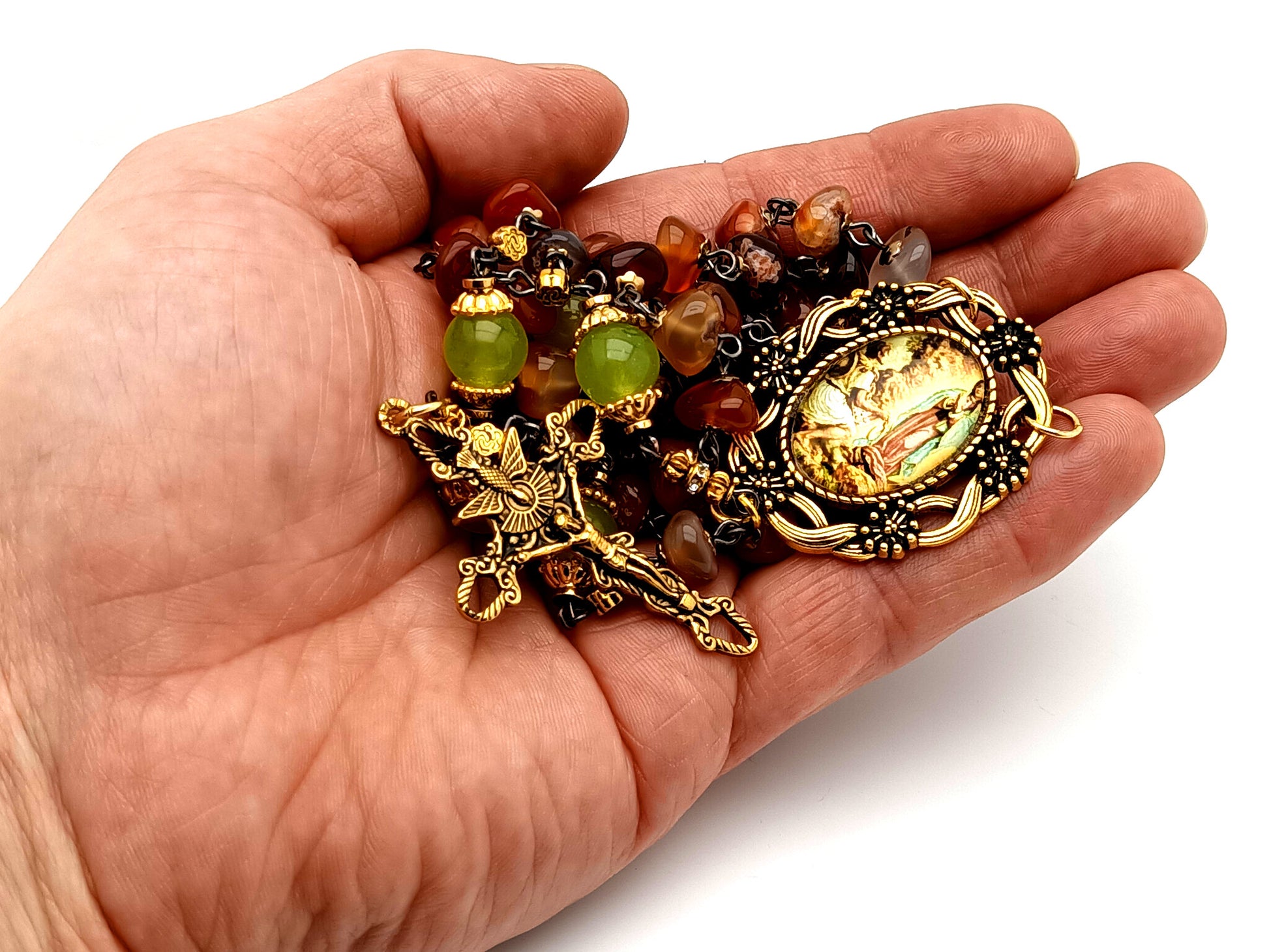 Our Lady of Guadalupe unique rosary beads nugget agate and peridot gemstone rosary with gold plated Holy Spirit crucifix.