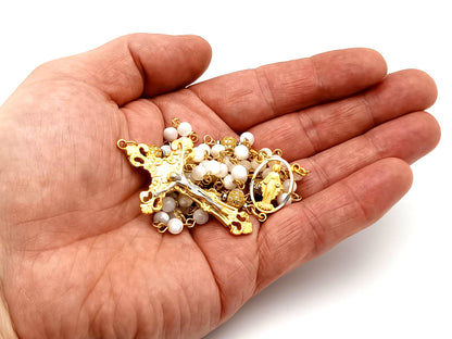 Miraculous Medal mother of pearl and cubic zirconia necklace rosary beads with gold plated pewter crucifix.