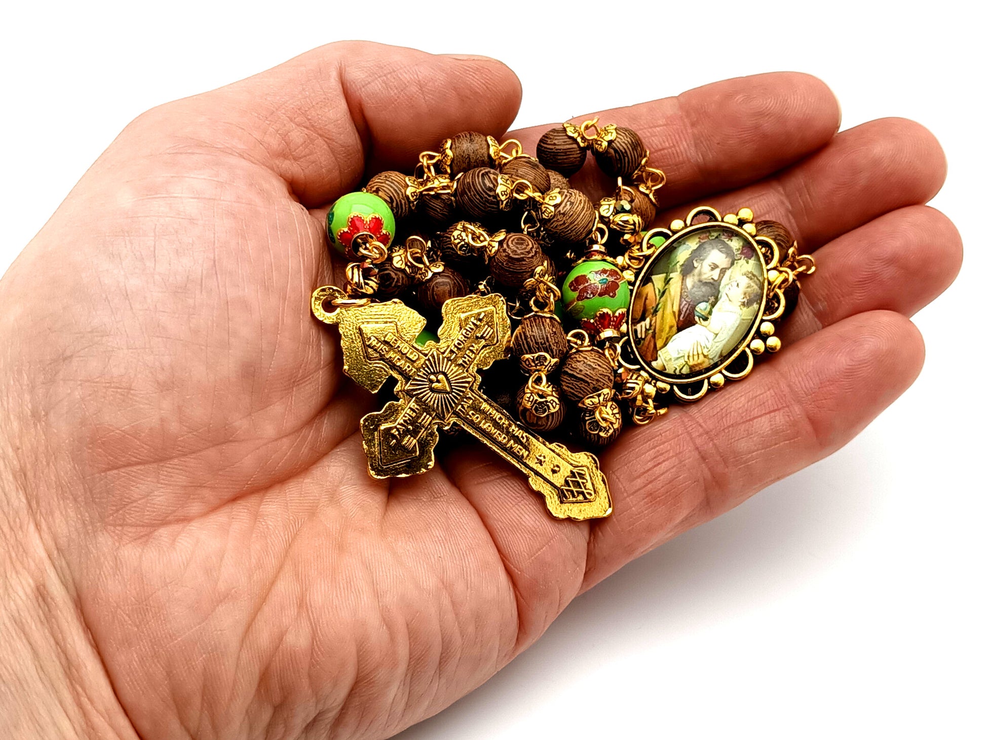 Saint Joseph dark olive wood and green porcelain unique rosary beads with gold plated Pardon crucifix.
