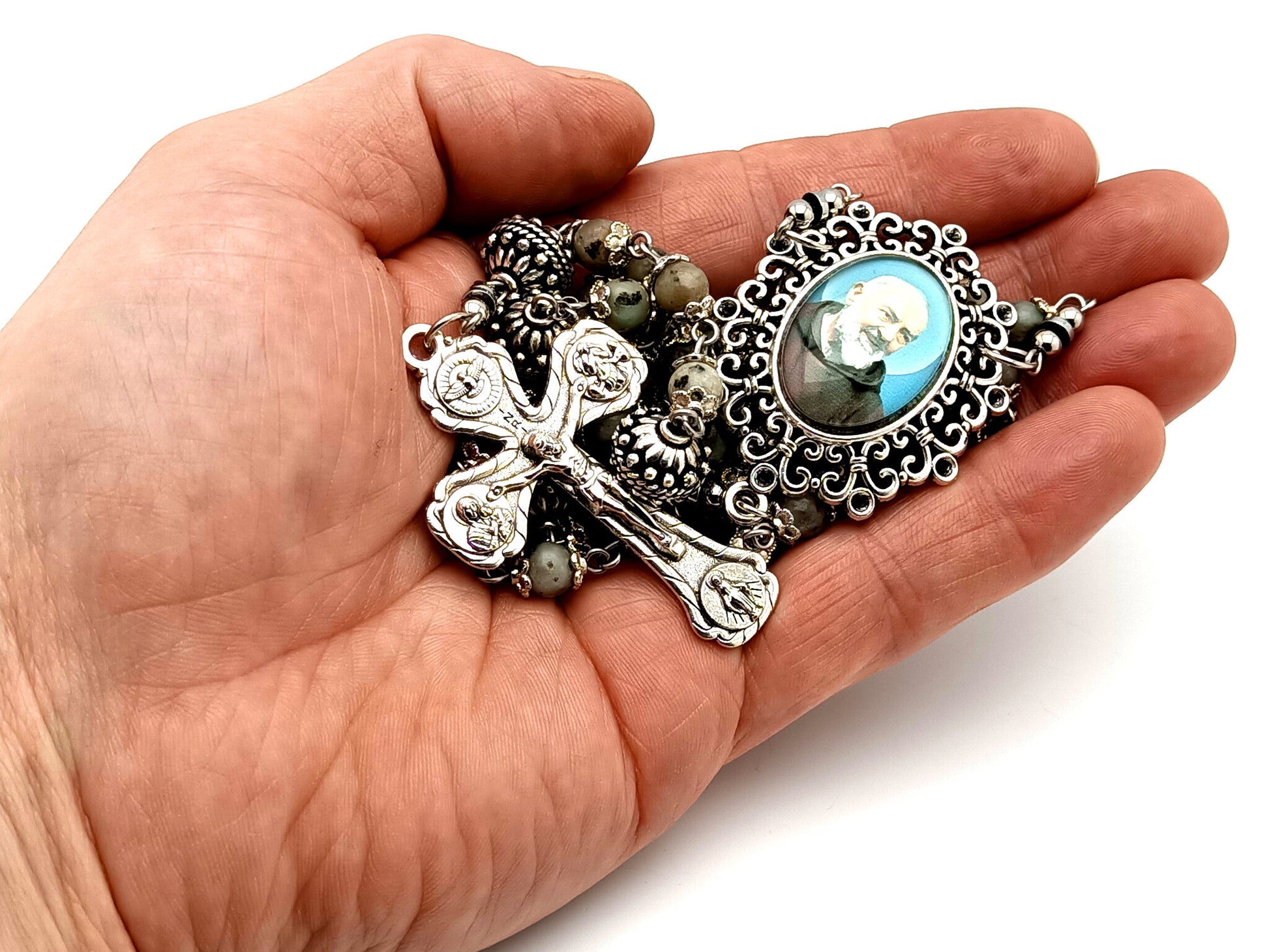 Saint Padre Pio unique rosary beads crazy agate gemstone and silver rosary with Four Basilicas crucifix.
