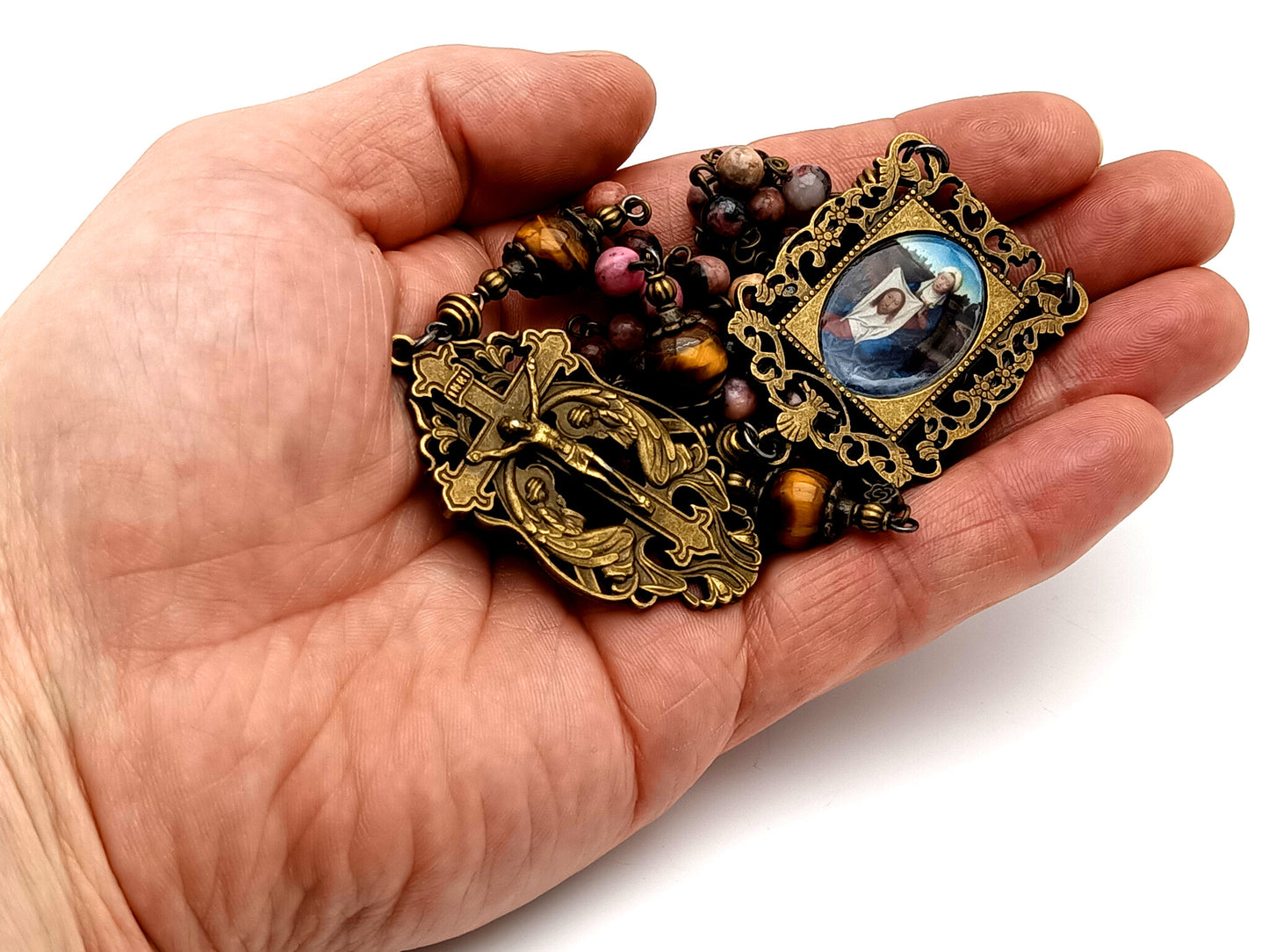 Saint Veronica and the Holy Face rhodochrosite and tigers eye gemstone unique rosary beads with two angels crucifix.