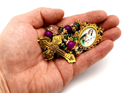 Saint Maria Goretti green agate and purple glass unique rosary beads with gold plated Pardon Crucifix.