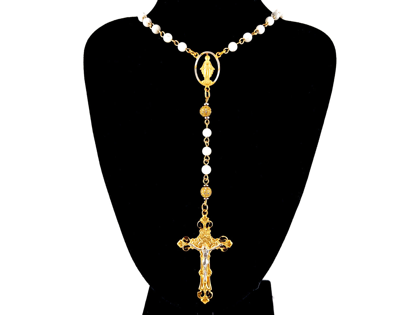 Miraculous Medal mother of pearl and cubic zirconia necklace rosary beads with gold plated pewter crucifix.