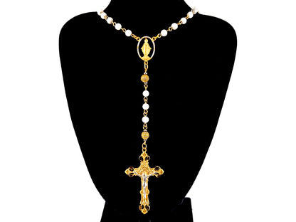 Miraculous Medal mother of pearl and cubic zirconia necklace rosary beads with gold plated pewter crucifix.