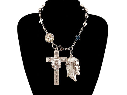 Holy Face of Jesus stainless steel and hematite single decade rosary beads with Holy face crucifix and medal.