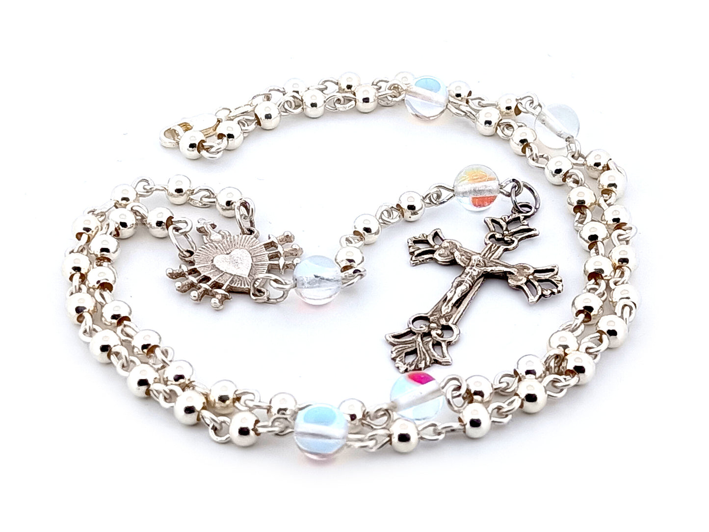 Our Lady of Sorrows and The Sacred Heart of Jesus unique rosary beads sterling silver wearable rosary necklace with sterling silver Crucifix.