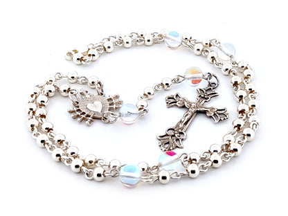 Our Lady of Sorrows and The Sacred Heart of Jesus unique rosary beads sterling silver wearable rosary necklace with sterling silver Crucifix.