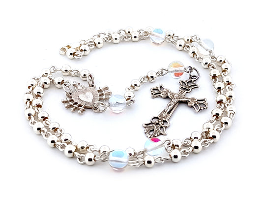 Our Lady of Sorrows and The Sacred Heart of Jesus unique rosary beads sterling silver wearable rosary necklace with sterling silver Crucifix.