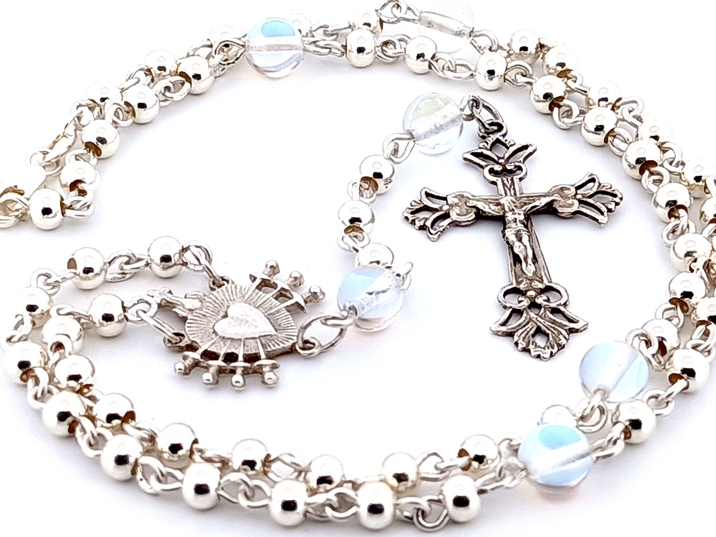 Our Lady of Sorrows and The Sacred Heart of Jesus unique rosary beads sterling silver wearable rosary necklace with sterling silver Crucifix.