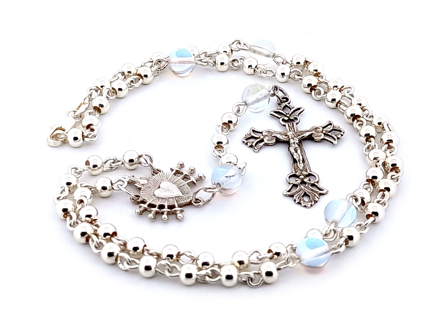 Our Lady of Sorrows and The Sacred Heart of Jesus unique rosary beads sterling silver wearable rosary necklace with sterling silver Crucifix.