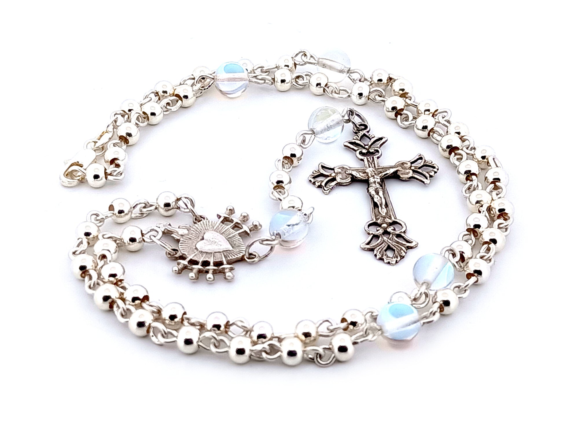 Our Lady of Sorrows and The Sacred Heart of Jesus unique rosary beads sterling silver wearable rosary necklace with sterling silver Crucifix.