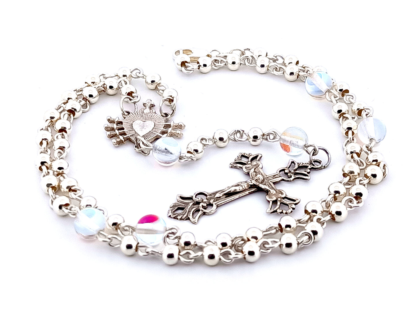 Our Lady of Sorrows and The Sacred Heart of Jesus unique rosary beads sterling silver wearable rosary necklace with sterling silver Crucifix.