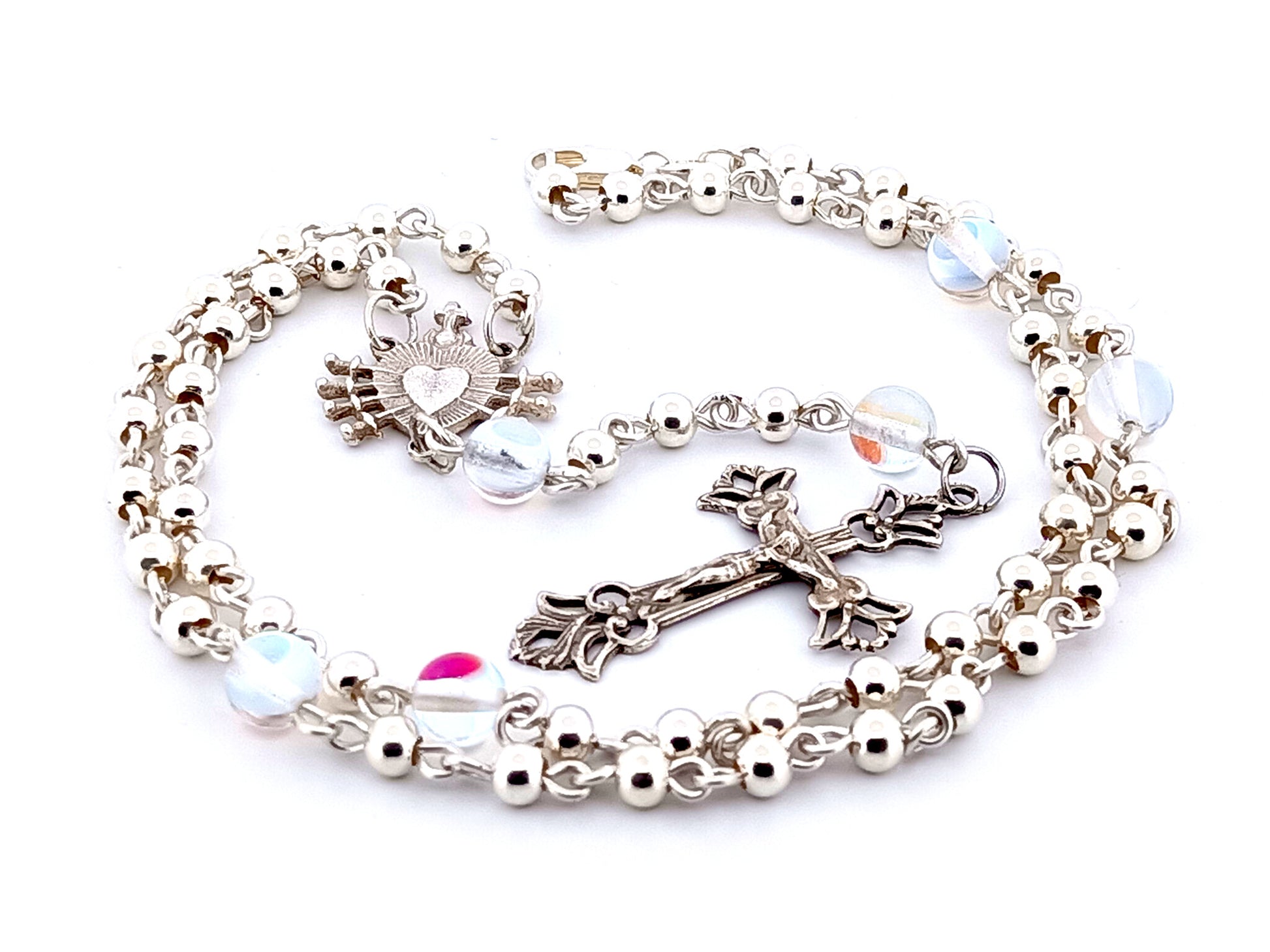 Our Lady of Sorrows and The Sacred Heart of Jesus unique rosary beads sterling silver wearable rosary necklace with sterling silver Crucifix.