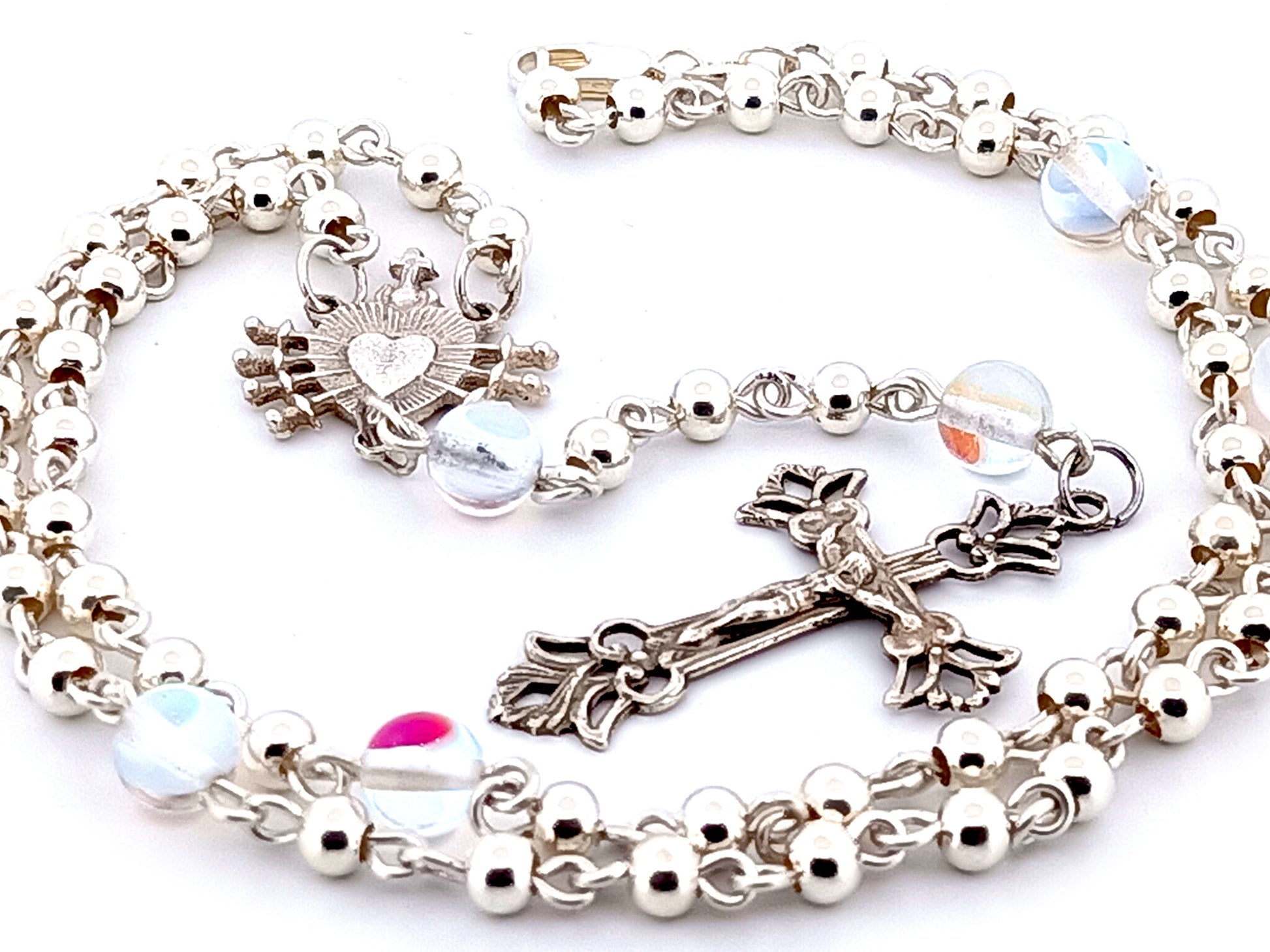 Our Lady of Sorrows and The Sacred Heart of Jesus unique rosary beads sterling silver wearable rosary necklace with sterling silver Crucifix.