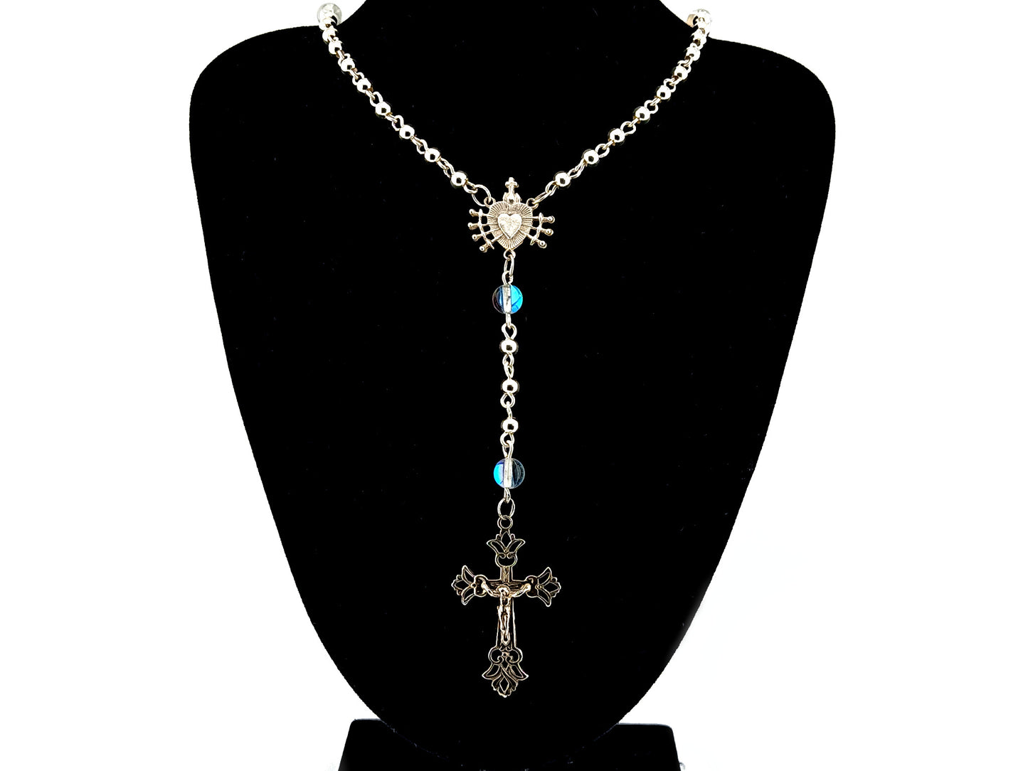 Our Lady of Sorrows and The Sacred Heart of Jesus unique rosary beads sterling silver wearable rosary necklace with sterling silver Crucifix.