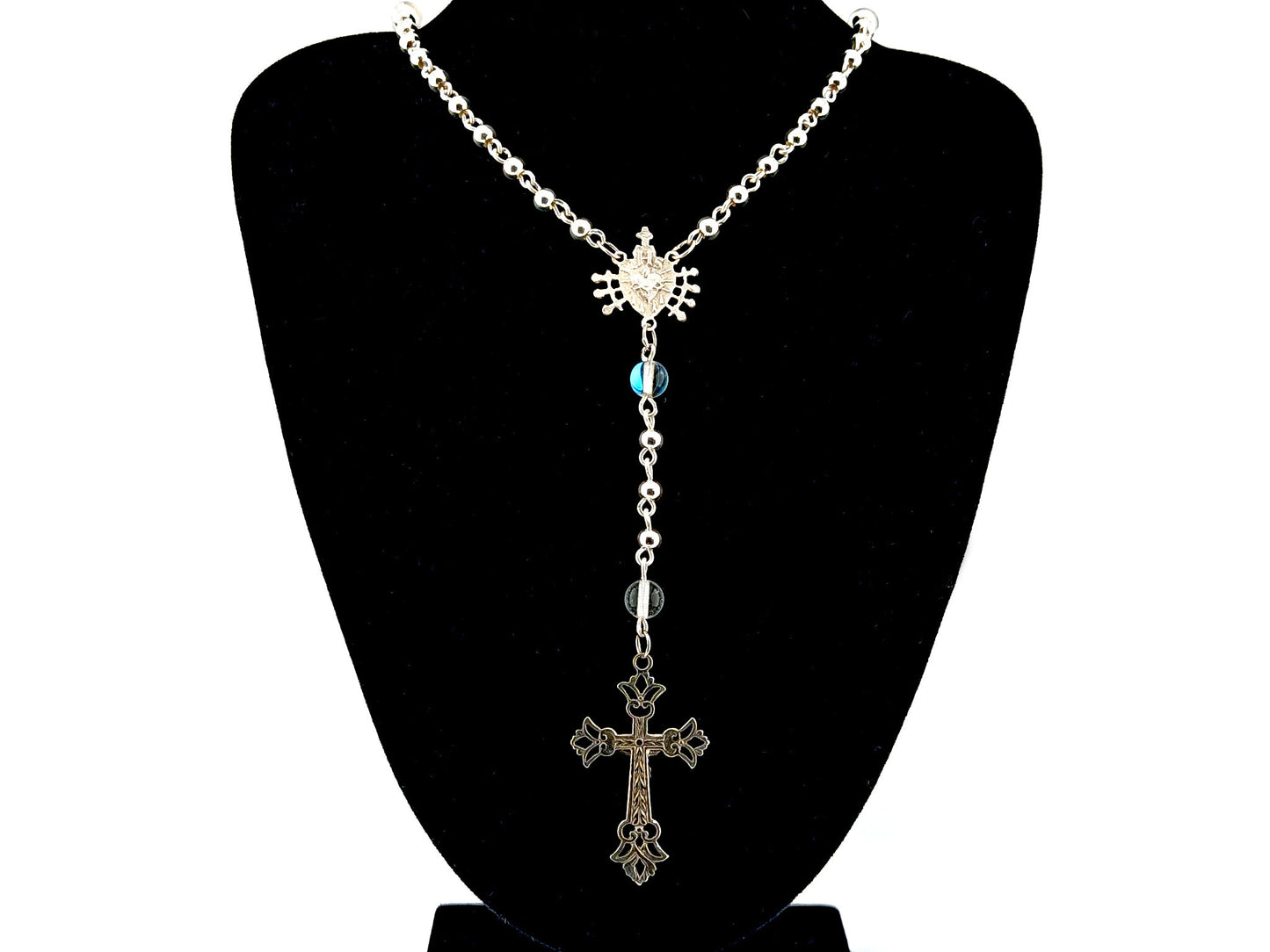 Our Lady of Sorrows and The Sacred Heart of Jesus unique rosary beads sterling silver wearable rosary necklace with sterling silver Crucifix.