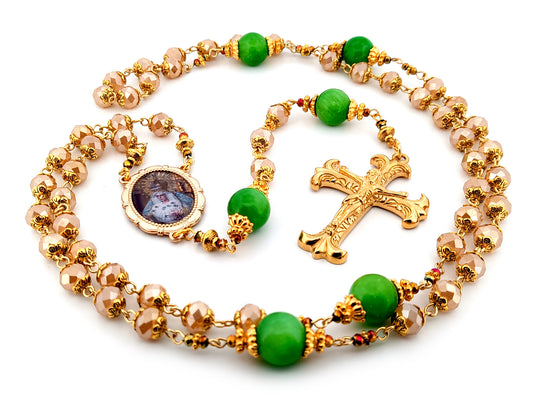 Virgin of hope of Macarena unique rosary beads glass and agate gemstone rosary beads with gold fan crucifix.