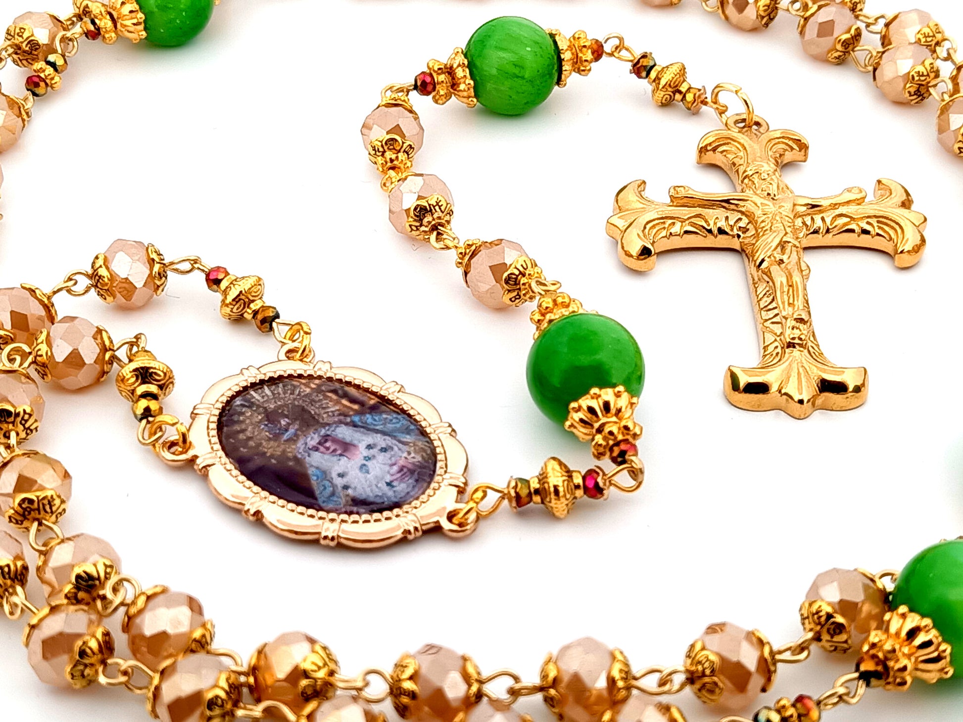 Virgin of hope of Macarena unique rosary beads glass and agate gemstone rosary beads with gold fan crucifix.