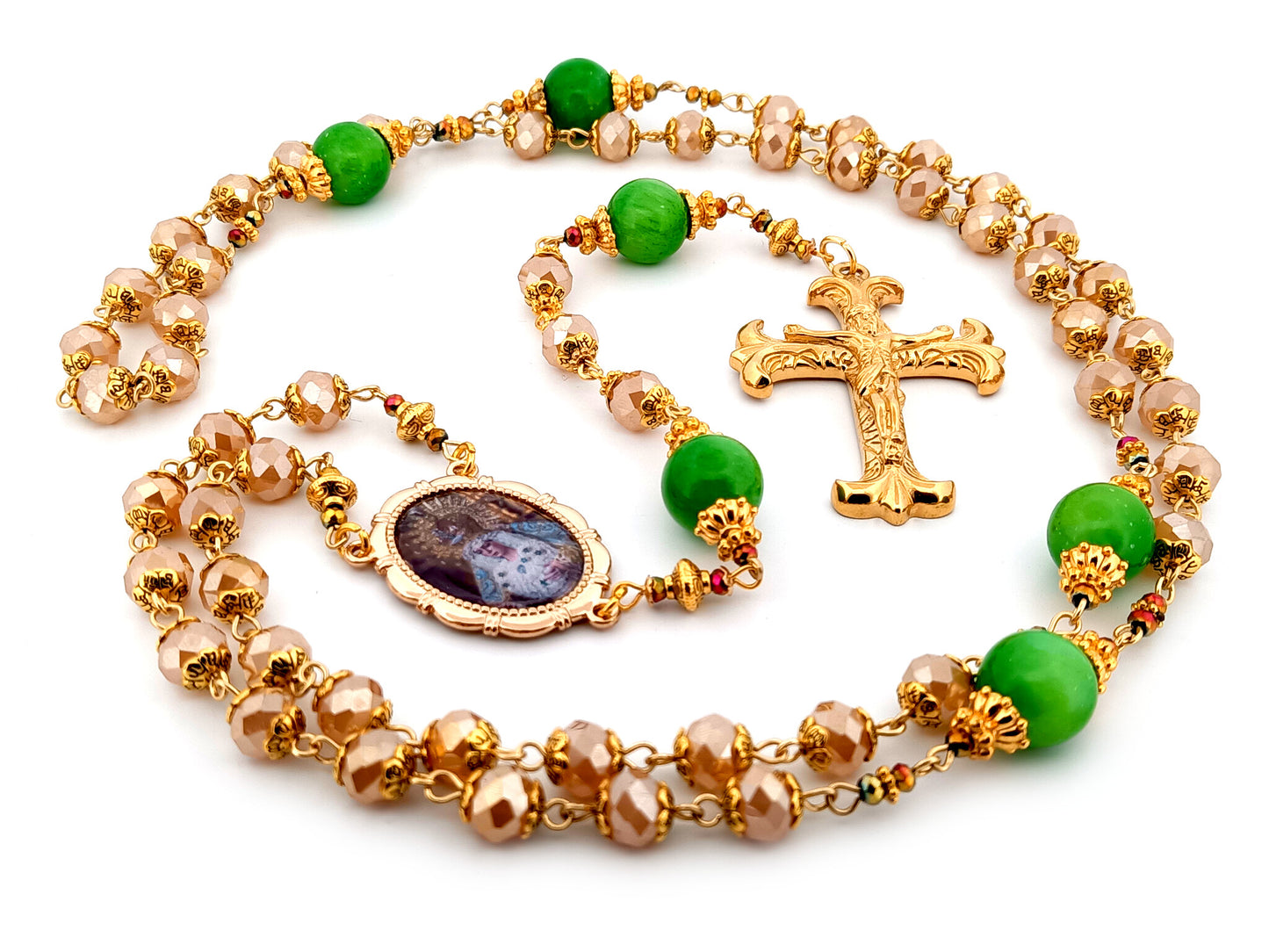 Virgin of hope of Macarena unique rosary beads glass and agate gemstone rosary beads with gold fan crucifix.