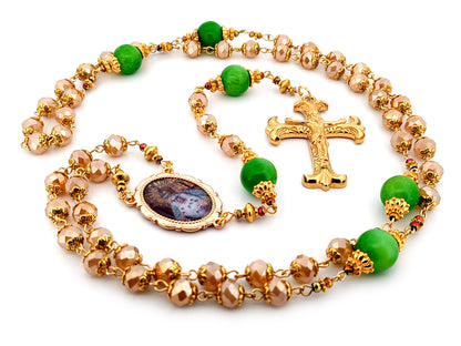 Virgin of hope of Macarena unique rosary beads glass and agate gemstone rosary beads with gold fan crucifix.