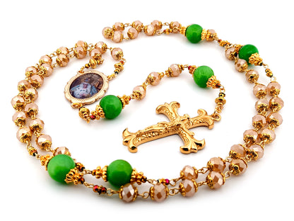 Virgin of hope of Macarena unique rosary beads glass and agate gemstone rosary beads with gold fan crucifix.