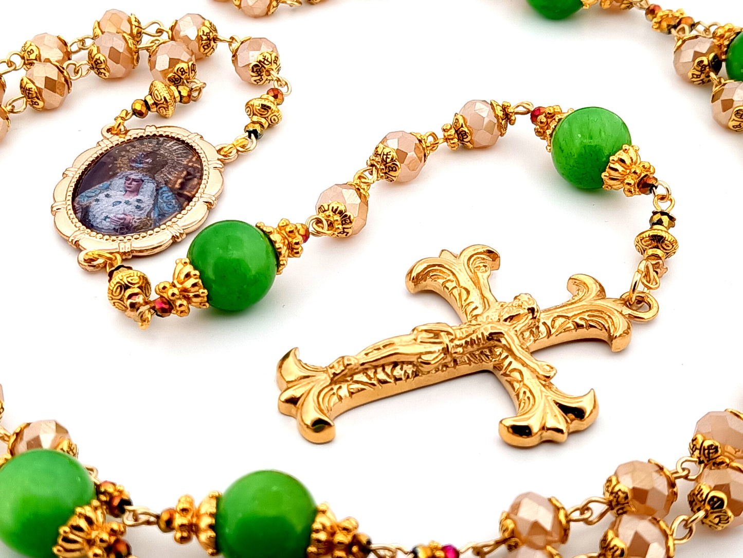 Virgin of hope of Macarena unique rosary beads glass and agate gemstone rosary beads with gold fan crucifix.